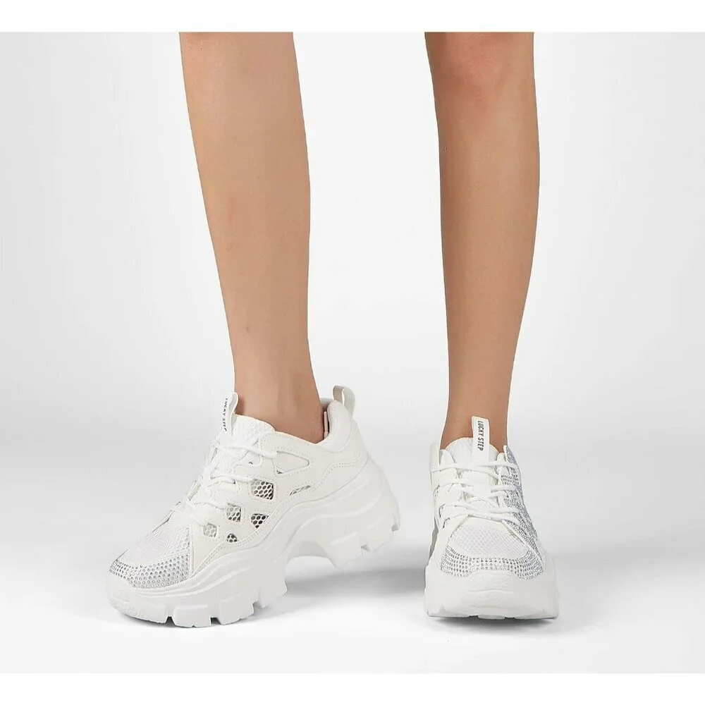 Women White Rhinestone Platform Fuchsia Hologram Casual Lace-Up Sneakers